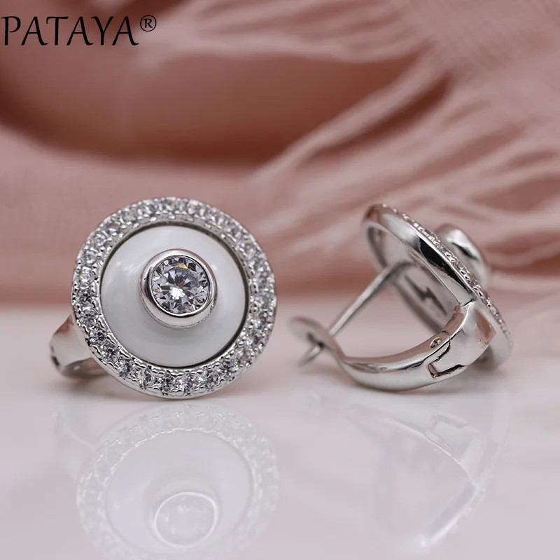 PATAYA New Promotion White Gold Color Ceramics Dangle Earrings Natural Zircon Women Wedding Fashion Jewelry Round Unique Earring