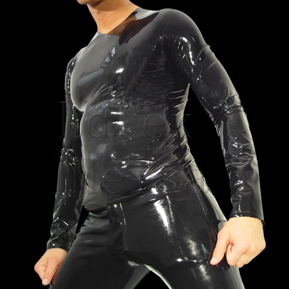 V-Neck design sexy black latex top long sleeve latex t-shirt in solid black color for men