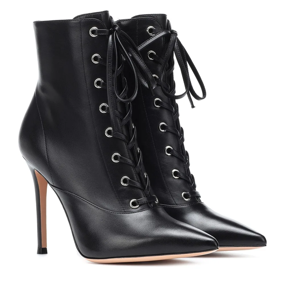 Mulheres de luxo Inverno Botas Dedo Apontado Tornozelo Primavera Outono Botas PU Couro Padrão Gladiador Lace Up Fino Salto Alto Tamanho Grande