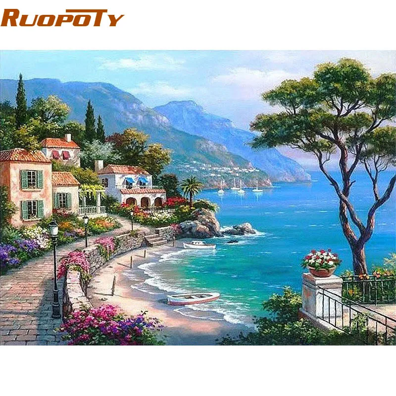 RUOPOTY Frame The Mediterranean Sea DIY Painting By Numbers Seascape Handpainted Oil Painting Home Wall Artwork For Living Room