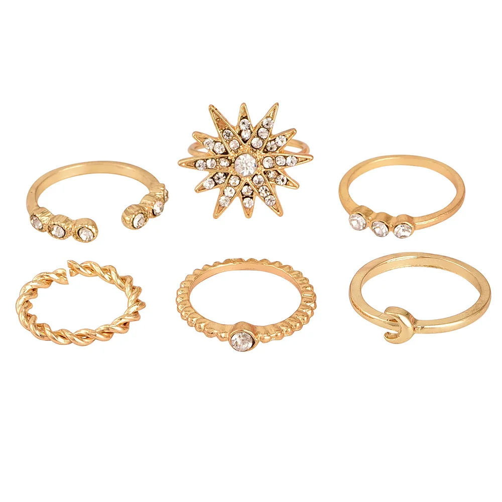 6 pcs/set Bohemian Retro Alloy Moon Rings Set for Women Vintage Gold Color Star V Mix Shape Joint Finger Midi Rings Set Jewelry