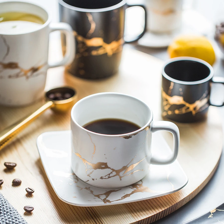 MUZITY Ceramic Tea Cup Set Creative Golden Design Porcelain Tea Cup And Saucer Black Coffee Cup Set Drinkware