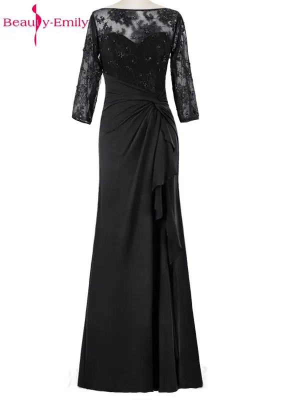 Beauty Emily Black Lace Mother of the Bride Dresses 2019 A Line Full Sleeve O-Neck Zipper Formal Wedding Party Mom Prom Dresses