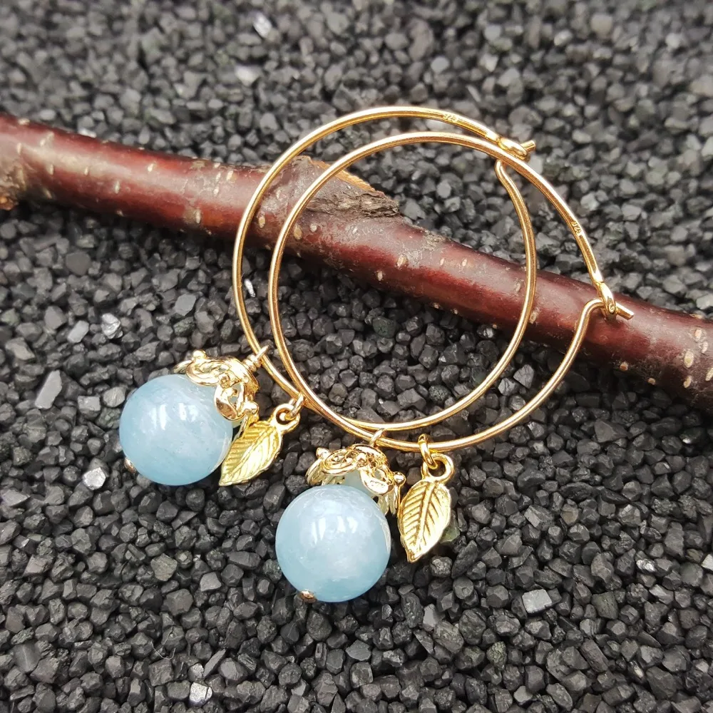 

Lii Ji Gemstone Natural Aquamarine 10mm 925 Sterling Silver 18K Gold Plated Leaves Hoop Earrings