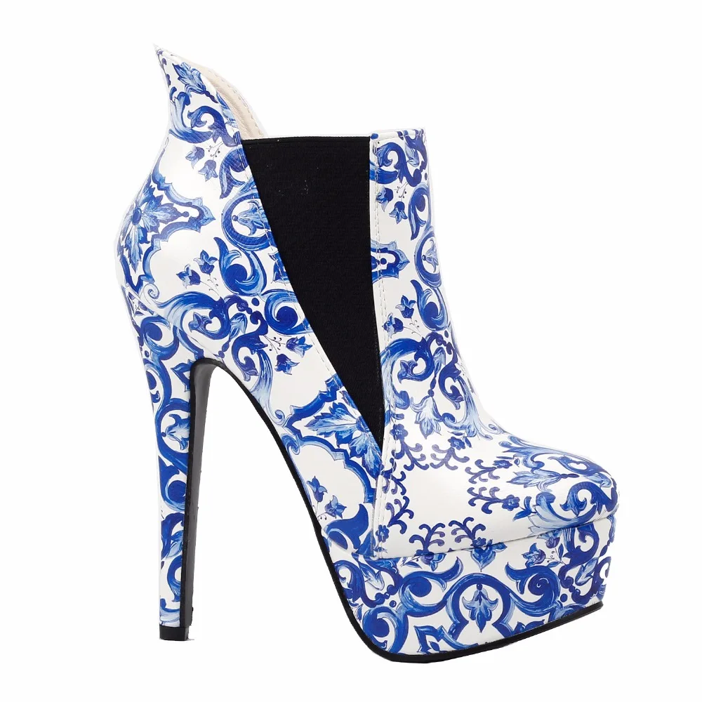 LF80843 Blue And White Porcelain Platform Stiletto Ankle Boot Bootie Size 4/5/6/7/8/9/10