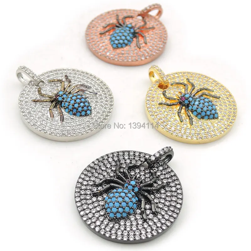 24*24*4mm Micro Pave Clear&Kallaite&Fuchsine CZ Round Charm With Spider Relief Fit For Women As Necklace Accessory