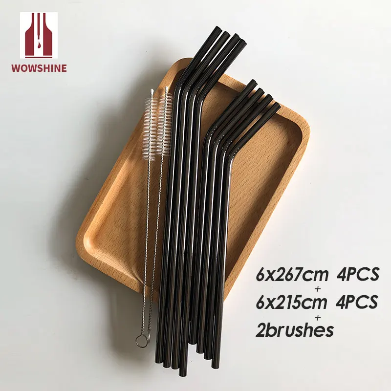 Wowshine Factory Free Shipping  Gun Black 8 straws+2 brushes stainless steel straws  10pcs/set