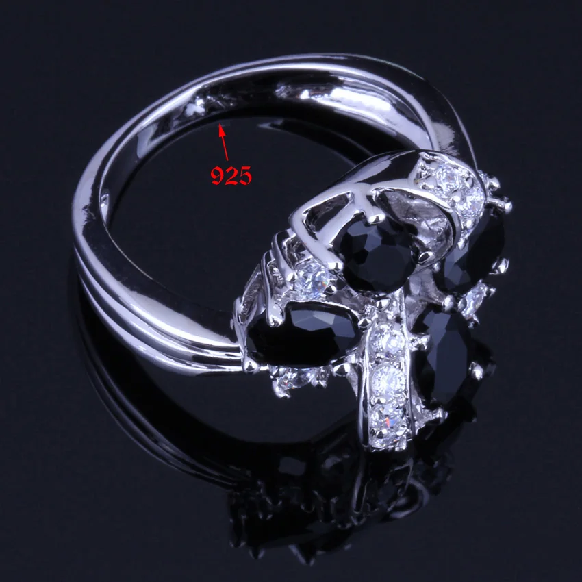 Admirable Plant Black Cubic Zirconia White CZ Silver Plated Ring V0144