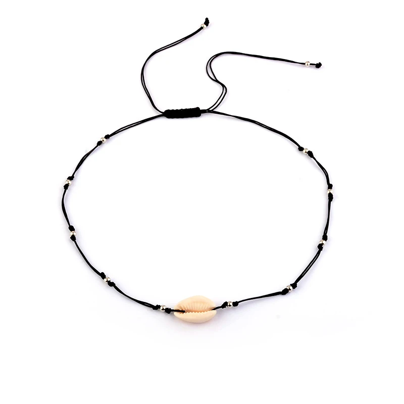 Wholesale Bohemian Women Jewelry Simple Black Rope Chain Silver Color Beads Shell Clavicle Choker Necklace Beach Accessories