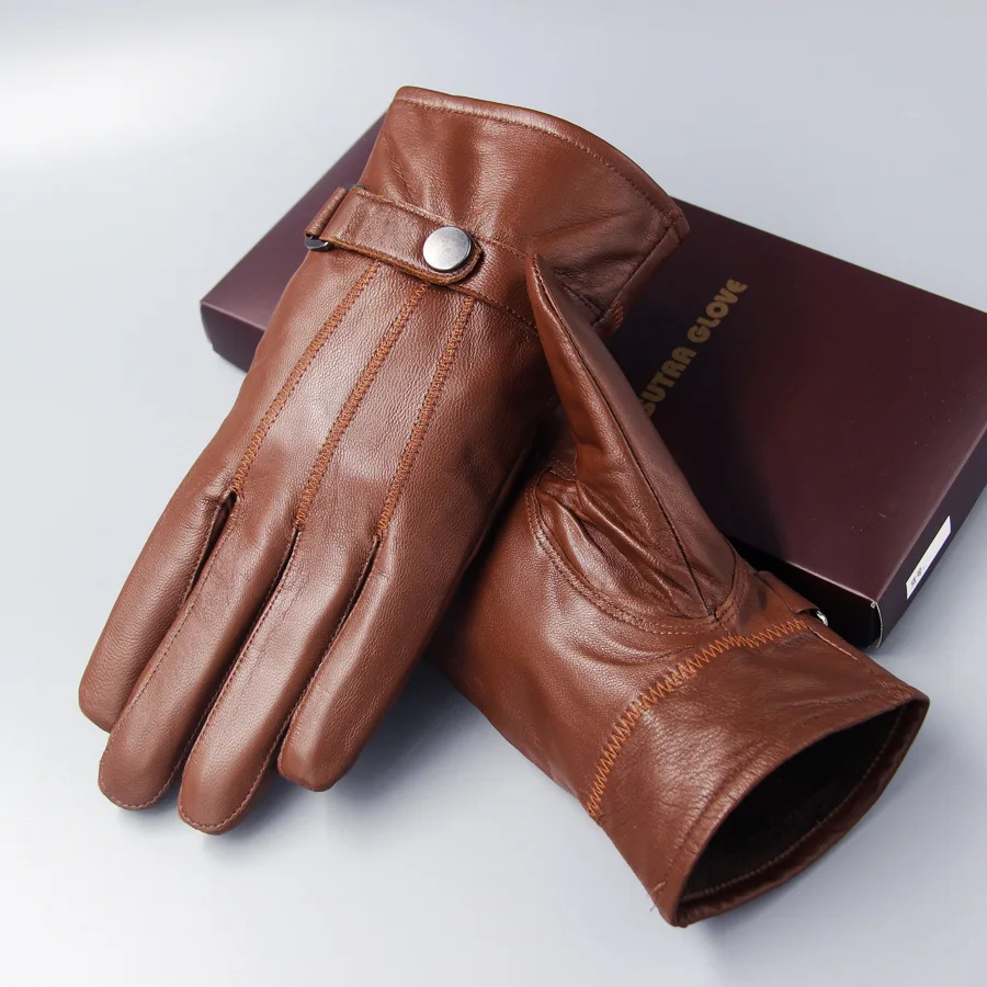 Genuine Leather Gloves Men's Sheepskin Warm Thicken Velvety Hand Muff Winter Bicycle Driving Korean Outdoor Male Mittens H3256