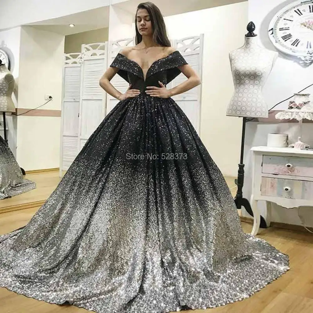 

YNQNFS Off Shoulder Sequins Ombre Princess Evening Dress Elegant Two Colors Ball Gowns Party Formal Dress ED100