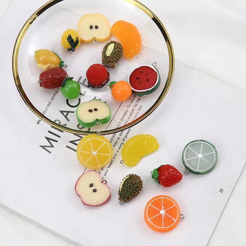 New 30pcs/lot color print fruit style apple/Strawberry/oranges shape resin beads charms diy jewelry keychain pendant accessory