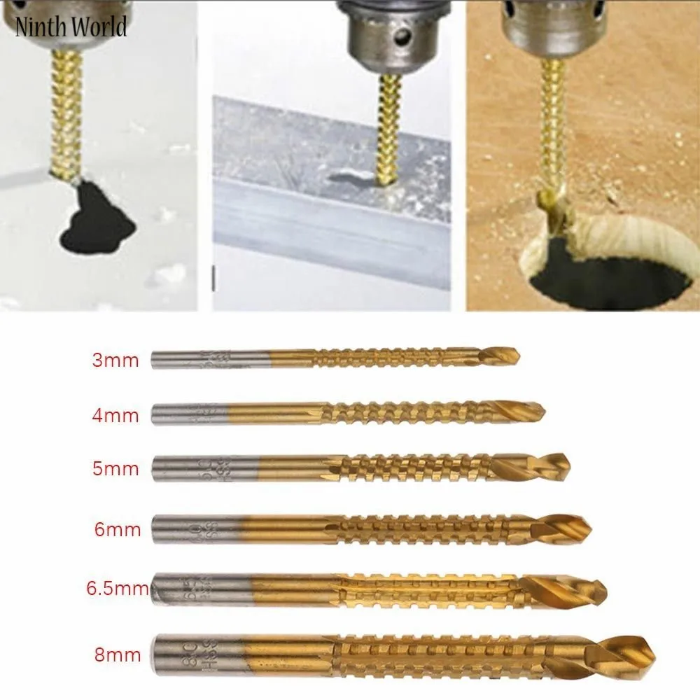 6pcs Professional Titanium Coated HSS Drill Bit Electric Drill Plastic Metal Hole Grooving Drill Saw Carpenter Woodworking Tools