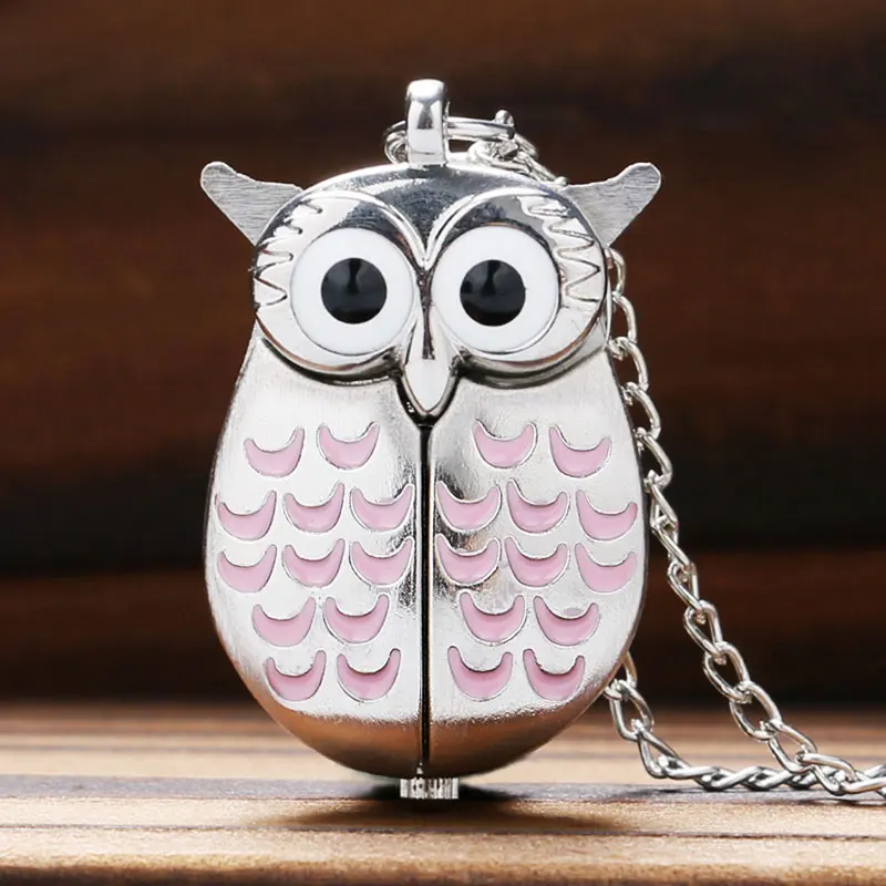 Cute Pink Owl Pocket Watch Kid Quartz Watch with Necklace Chain P582