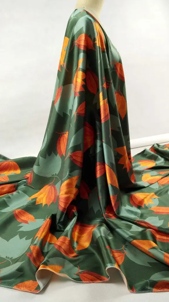 New Super Have Silk Fabric Green Flowers Print Retro 97% Natural Silk Fabric Stretch Tissu Dress Colth Material For Sewing Texti