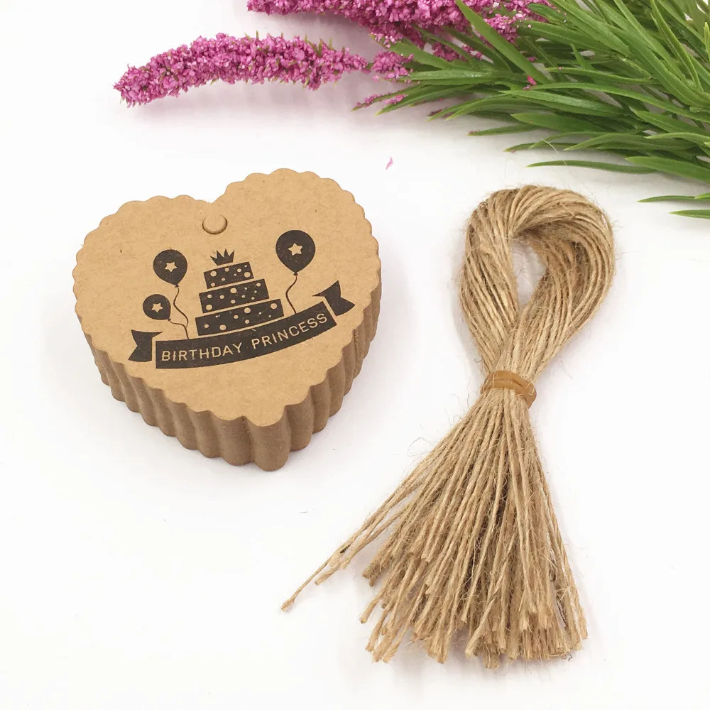 200pcs tags and 200pcs strings 6.5x6cm happy birthday kraft Tag for gift box and Paper Cards birthday cake Gift Tags