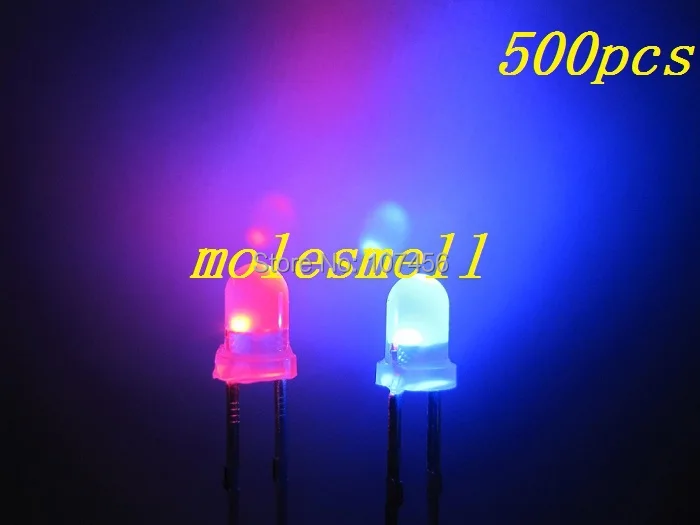 Free shipping 500pcs 3mm Dual Bi Color Polar Changing diffused Red/blue Led diffused Leds 2-Pin led big/wide angle led