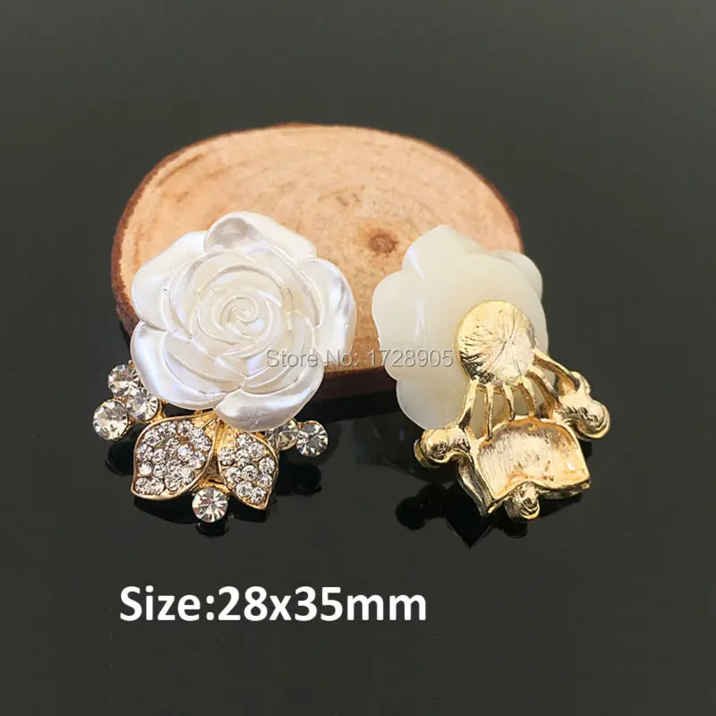 Rose paster 10 Pieces 28x35MM Flat Back Pearl Rose Flower Embellishment Clear Rhinestone Button for Wedding Hair Flower