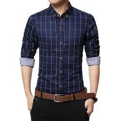 Camisa xadrez de algodão manga comprida masculina, slim fit, nova marca de moda, social, de negócios, M-5XL