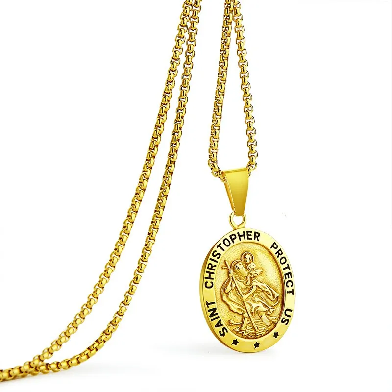 Mens Saint Christopher Necklace Stainless Steel Gold Plated Catholic Patron St Medal Pendant Jewelry Traveler Medallion Necklace