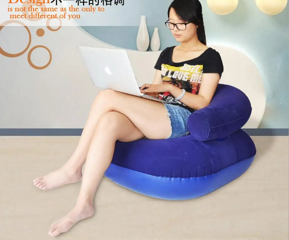 red and dark blue Single inflatable flocking bean bag sofa lazy leisure sofa with back support, portable computer relax chair