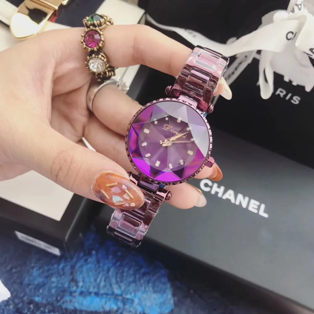 Brand Women Noble Blue Crystal Watches Faceted Glass Star Wristwatch Vogue Girls Student Full Steel Bracelet Watch Quartz Montre