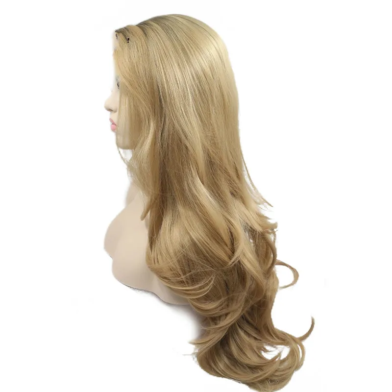 Sylvia Synthetic Lace Front Wig Ombre Blonde Body Wavy  Brown Roots Heat Resistant Fiber Hair Wig  For Women Side Part