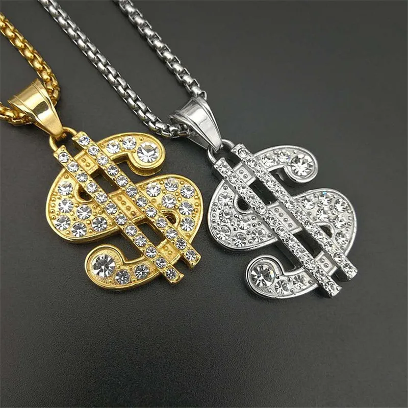 

US Dollar Money Necklace Pendant Stainless Steel Gold Color Necklace For Women/Men Iced Out Bling Rhinestones Hip Hop Jewelry