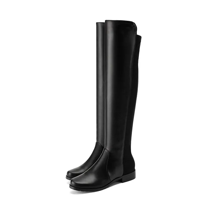 MoonMeek size 33-43 fashion autumn winter boots women round toe over the knee boots low heel stretch fabric+cow leather boots