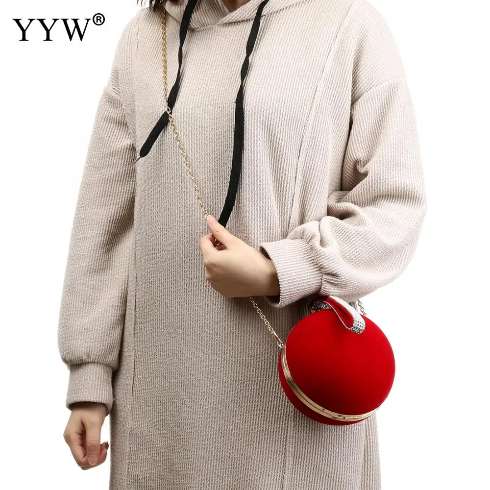 Unique Velvet Iron-On Lady Handbag Red Shoulder Bag Spherical Evening Bags Small Clutch Purse Chain Shoulder Wallet Bolsos Mujer