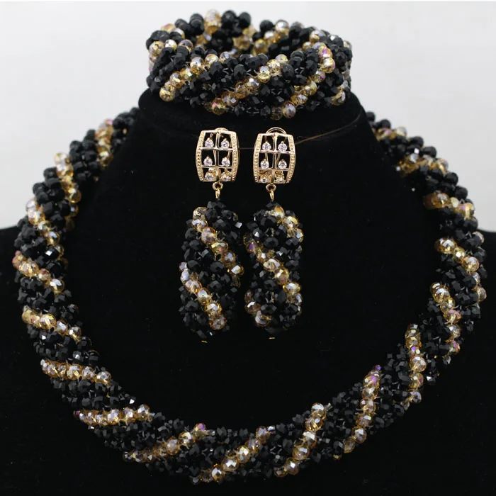 

Black Women Wedding Beads Necklace Nigerian Fashion Beads Crystal Braid African Costume Jewelry Sets 2017 Free Shipping ABK111