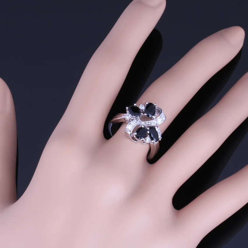 Admirable Plant Black Cubic Zirconia White CZ Silver Plated Ring V0144