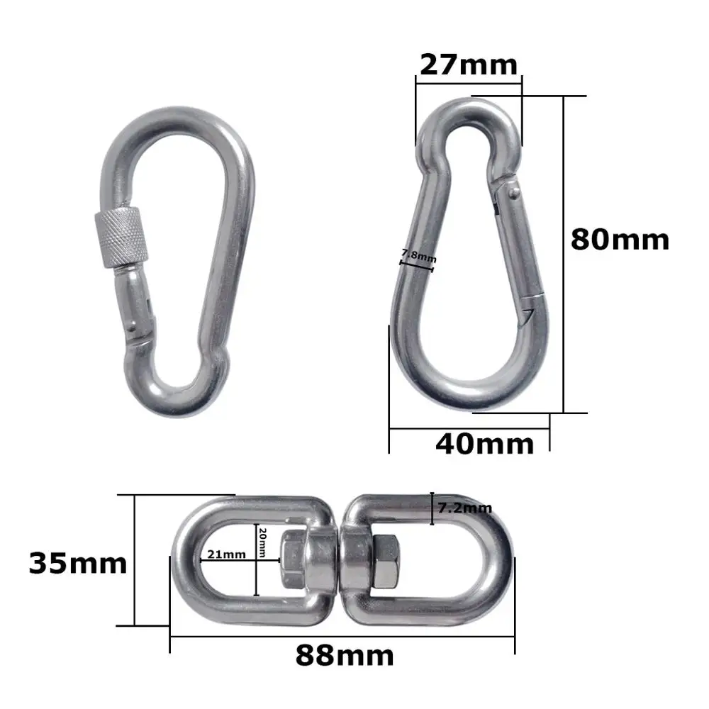 304 Stainless Steel M8 Double Ended Swivel Eye Hook and Safety Carabiner Spring Snap Hook Swivel Shackle Ring Connector Set of 3