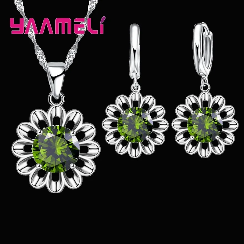 Neue Mode Hochzeit Schmuck Set Frauen Top Qualität 925 Sterling Silber Farbe Kristall Anhänger Halskette Hoop Ohrring Große Förderung