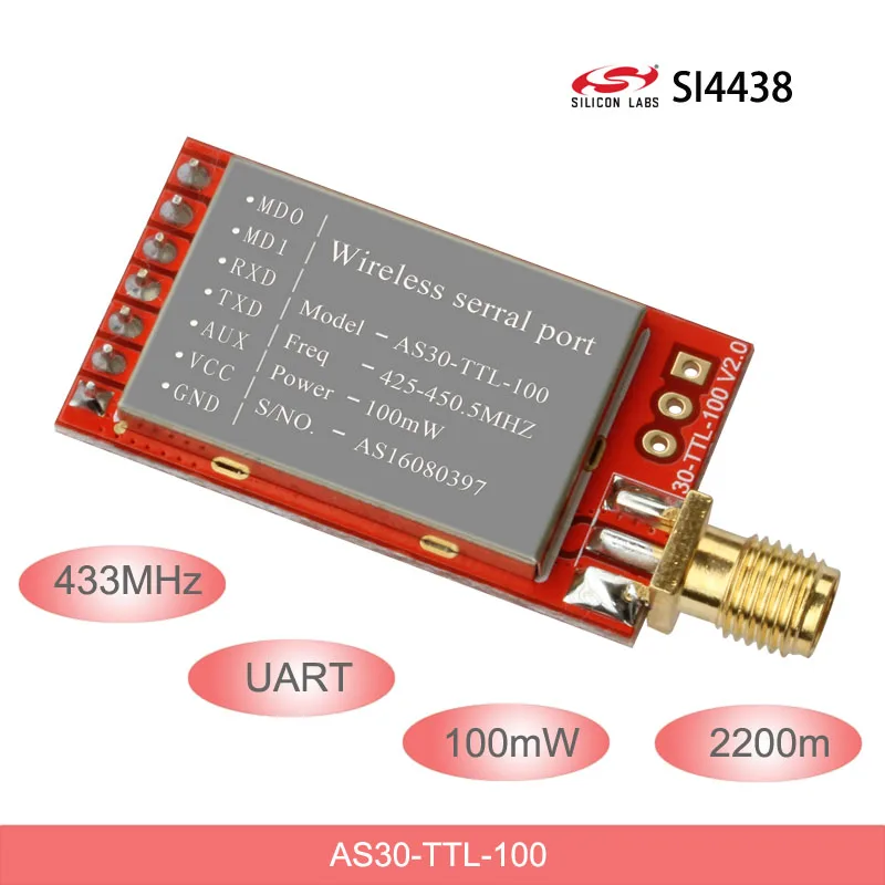 

433Mhz SI4438 Wireless Modules 2200-meter Long Disctance Data Transmission Serial Port Module, WOR