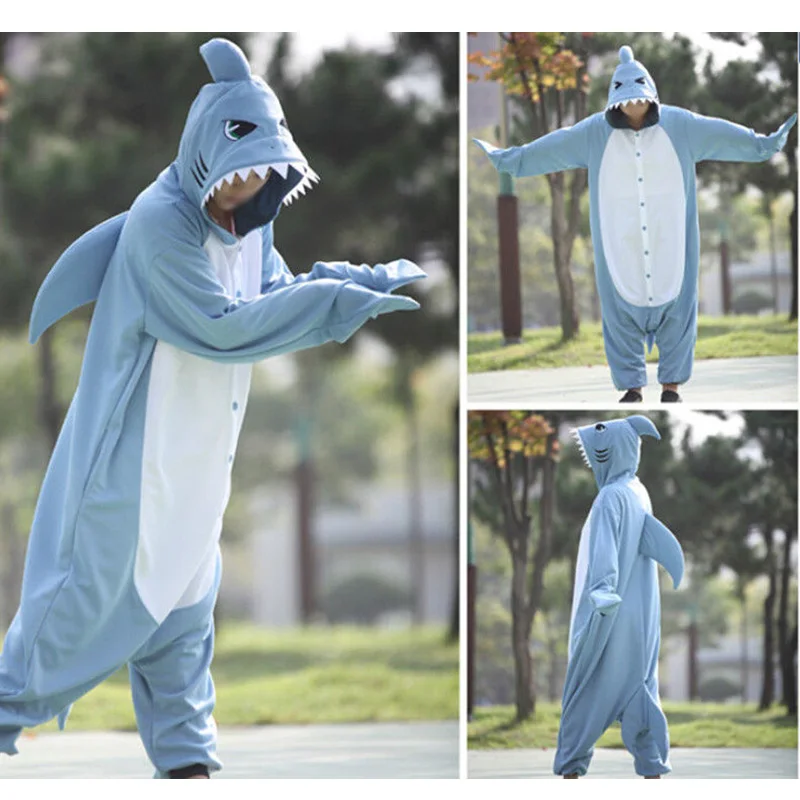 Winter Adults Animal Gray Blue Shark Funny Onesie Pajamas For Women Men Costume Cosplay Unisex Halloween Pajamas Party