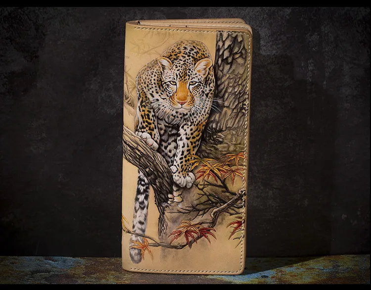 High-end Handmade Wallets Carving Leopard Purses Men Long Clutch Vegetable Tanned Leather Wallet Card Holder