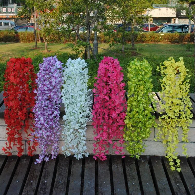 50pcs Artificial Silk Flower Rattan Cherry Blossom Wisteria Vines for Garden and Home Wall Hanging Ornament Wedding Supplies