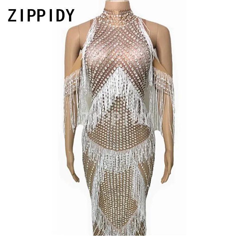 Fashion White Tassel Bling Full Crystals Long Dress Nightclub Women's Birthday Party Celebrate Heavy Handmade Sexy Stage Dresses