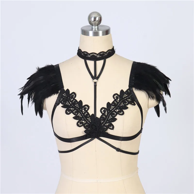 

Women Feathers Harness Strappy Elastic Cupless Bra Hollow Out Tops Epaulette Shoulder Wing Punk Goth Rave Festival Costumes