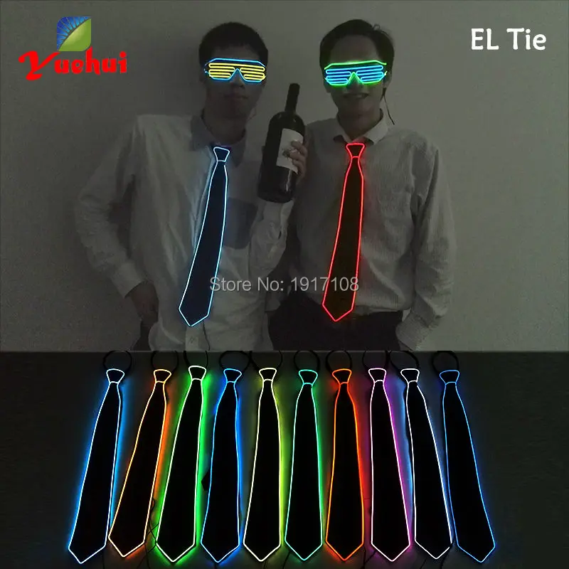 Men Gift Neon EL Wire Glowing Black Ties Fedor Hat Wedding Party Decor LED Luminous Neck Ties For Men DJ Bar Club Stage Prop