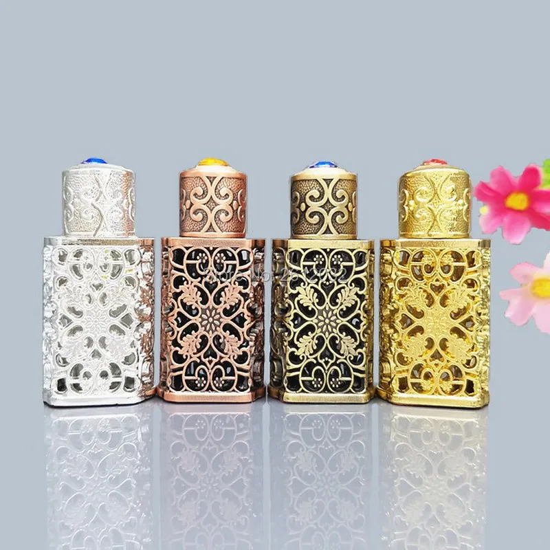 3ml Antiqued Metal Perfume Bottle Arab Style Alloy Hollow out Essential Oils Bottle Middle East Glass Dropper Bottle