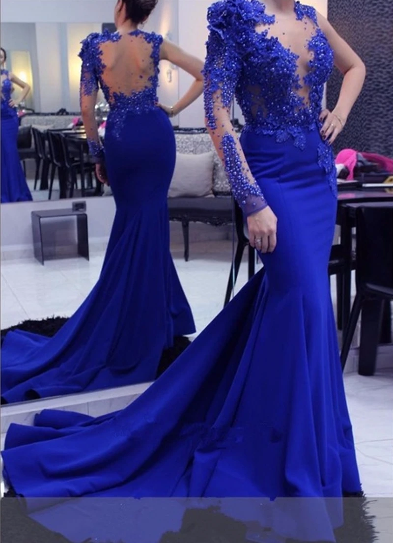 Vestido De noche De lujo para mujer, traje De sirena De un hombro, manga larga, cuentas, azul real, Formal, para fiesta De graduación, estilo árabe, 2023