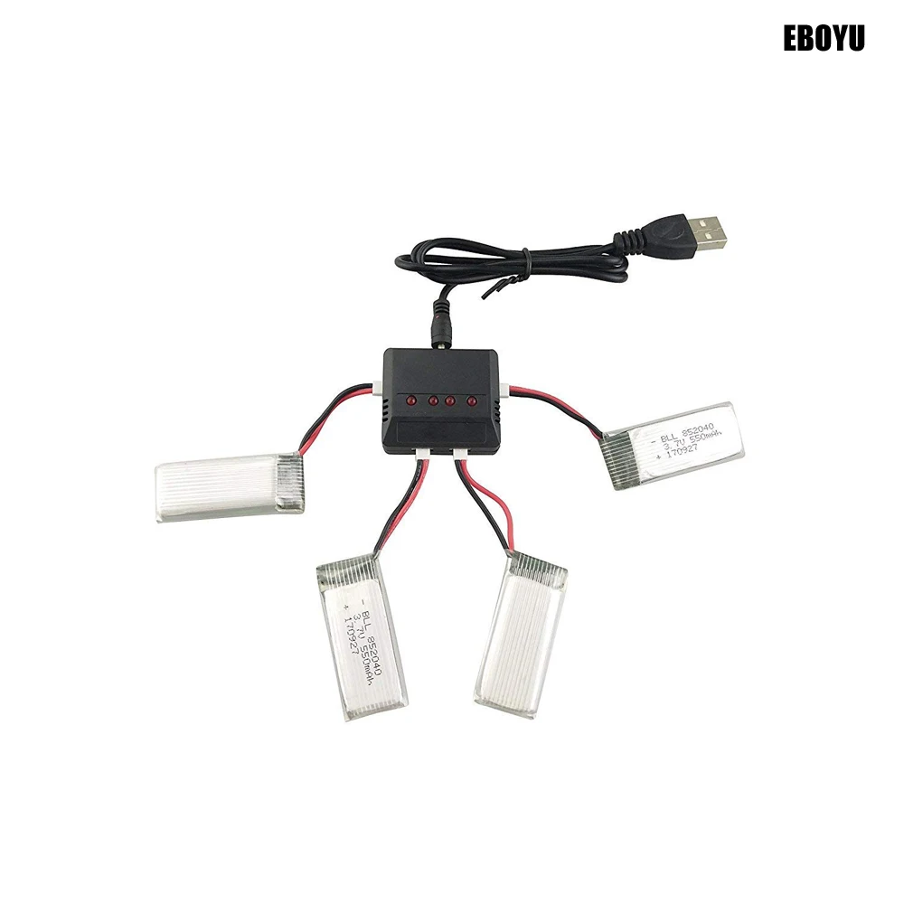 EBOYU-3.7V 550mAh 25c Lipo 배터리 + 1 ~ 4 밸런스 충전기, JXD 523 523W H43WH RC 쿼드콥터 드론 교체 배터리, 4 피스