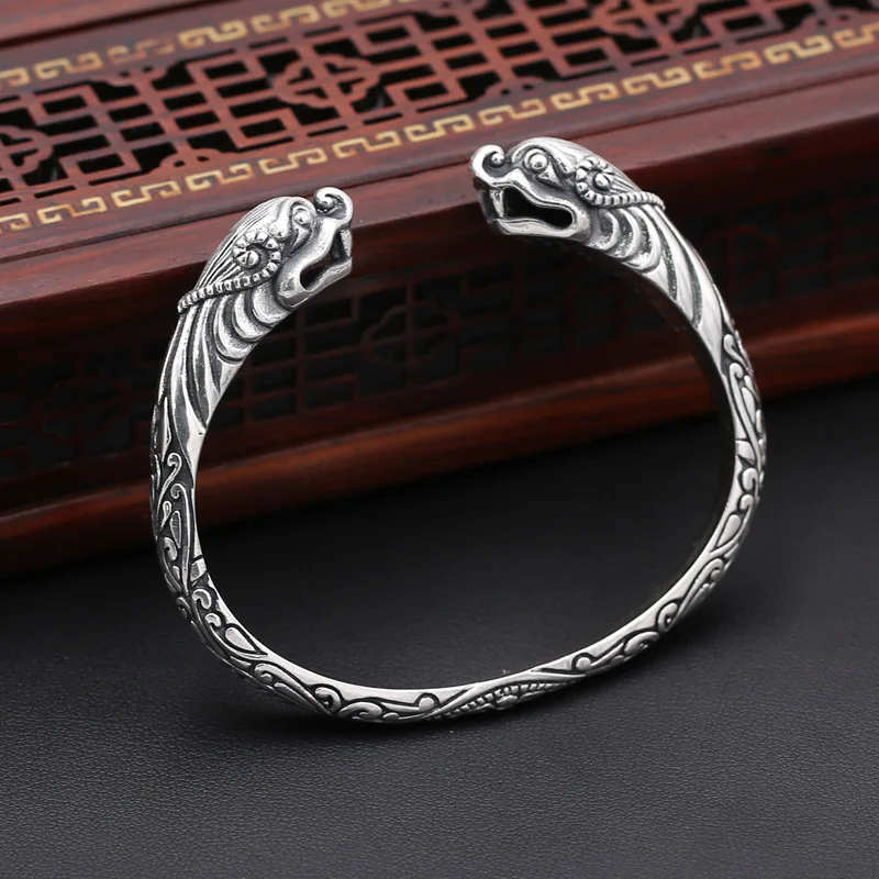 

Wholesale S925 Sterling Silver Jewelry Retro Thai Silver Men Domineering Double Dragon Head Personalized Pop Open Ended Bangles