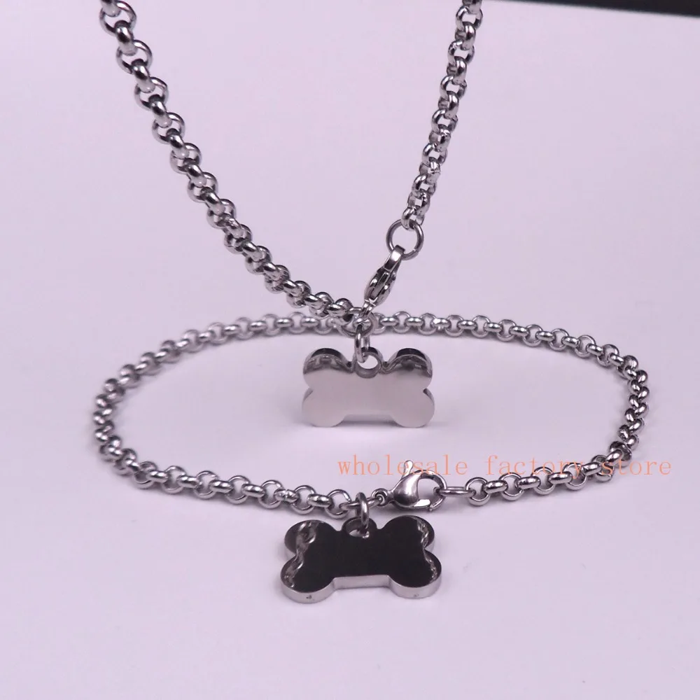 Hot sale women Stainless Steel   Dog Bone Tag Rolo Chain LInk  Necklace and bracelet Set