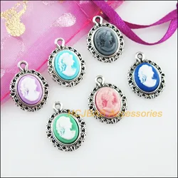 12Pcs Tibetan Silver Color Oval Beauty Mixed Resin Charms Pendants 13.5x18mm