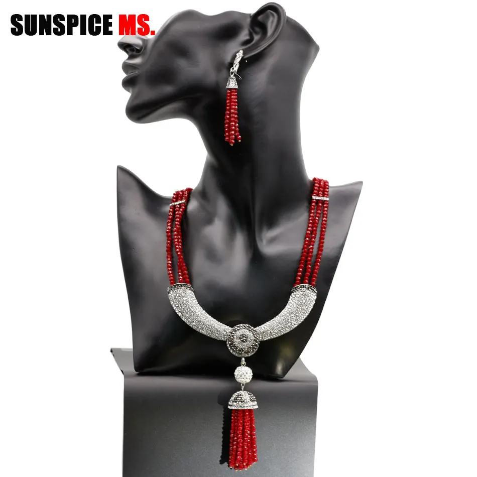 SUNSPICE-MS Dubai African Bead Jewelry Sets For Women Drop Earrings Full Crystal Necklace Handmade Stone Bracelet Wedding Bijoux