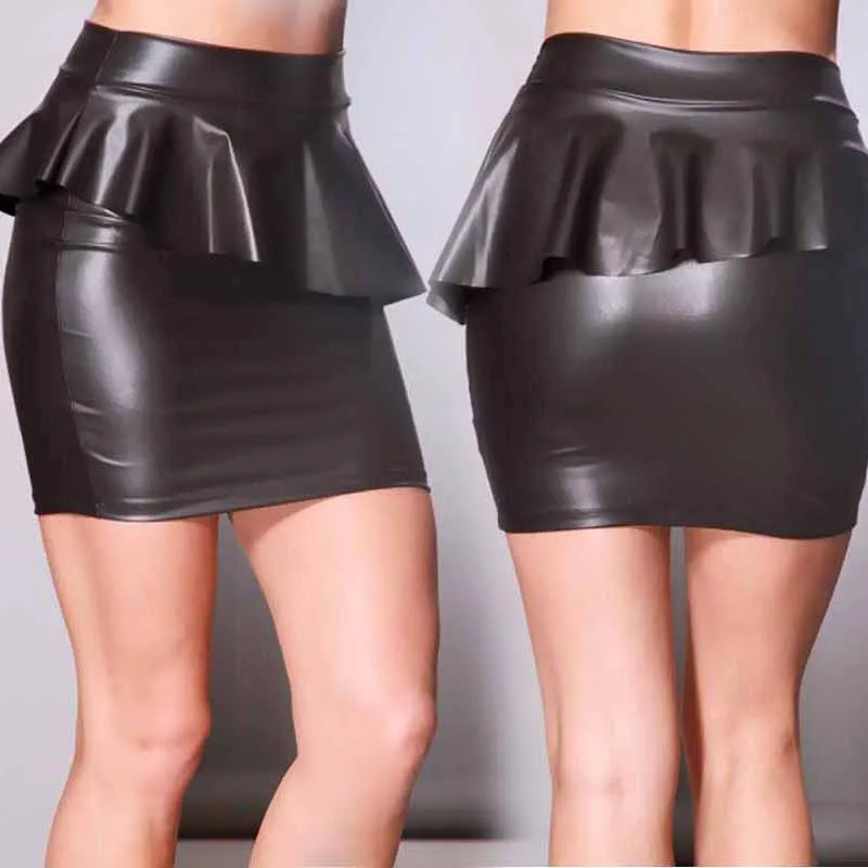 Faux Leather Pencil Peplum Mini Casual Skirt Women Vinyl Leather Fashion Faux Black Skirts Vinyl Skirts