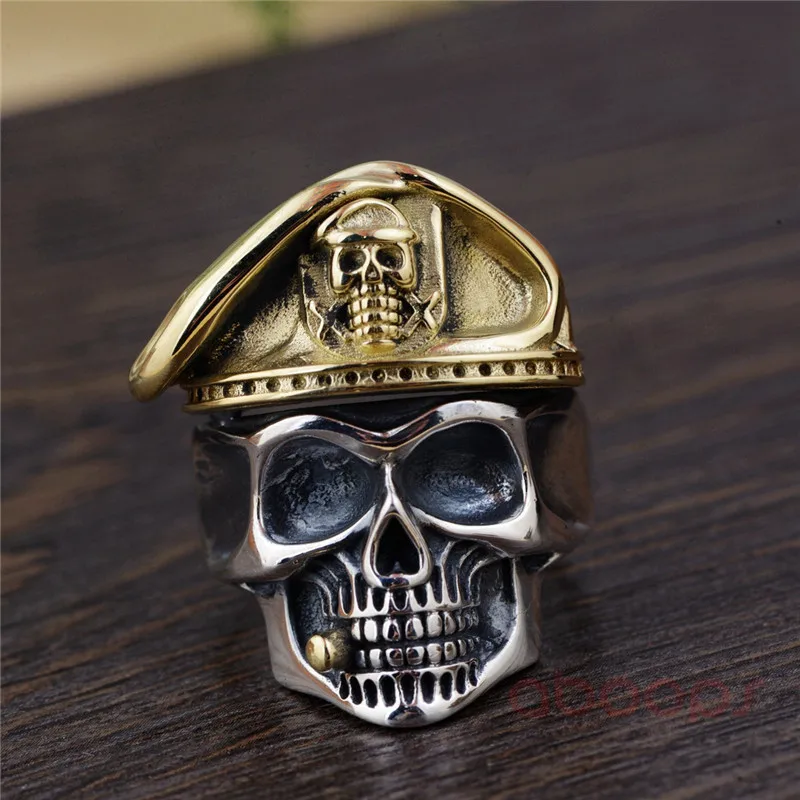 Two Tone 925 Sterling Silver Skull Ring with Caribbean Pirate for Men Boys,Adjustable Size 8.5-11,Free Shipping